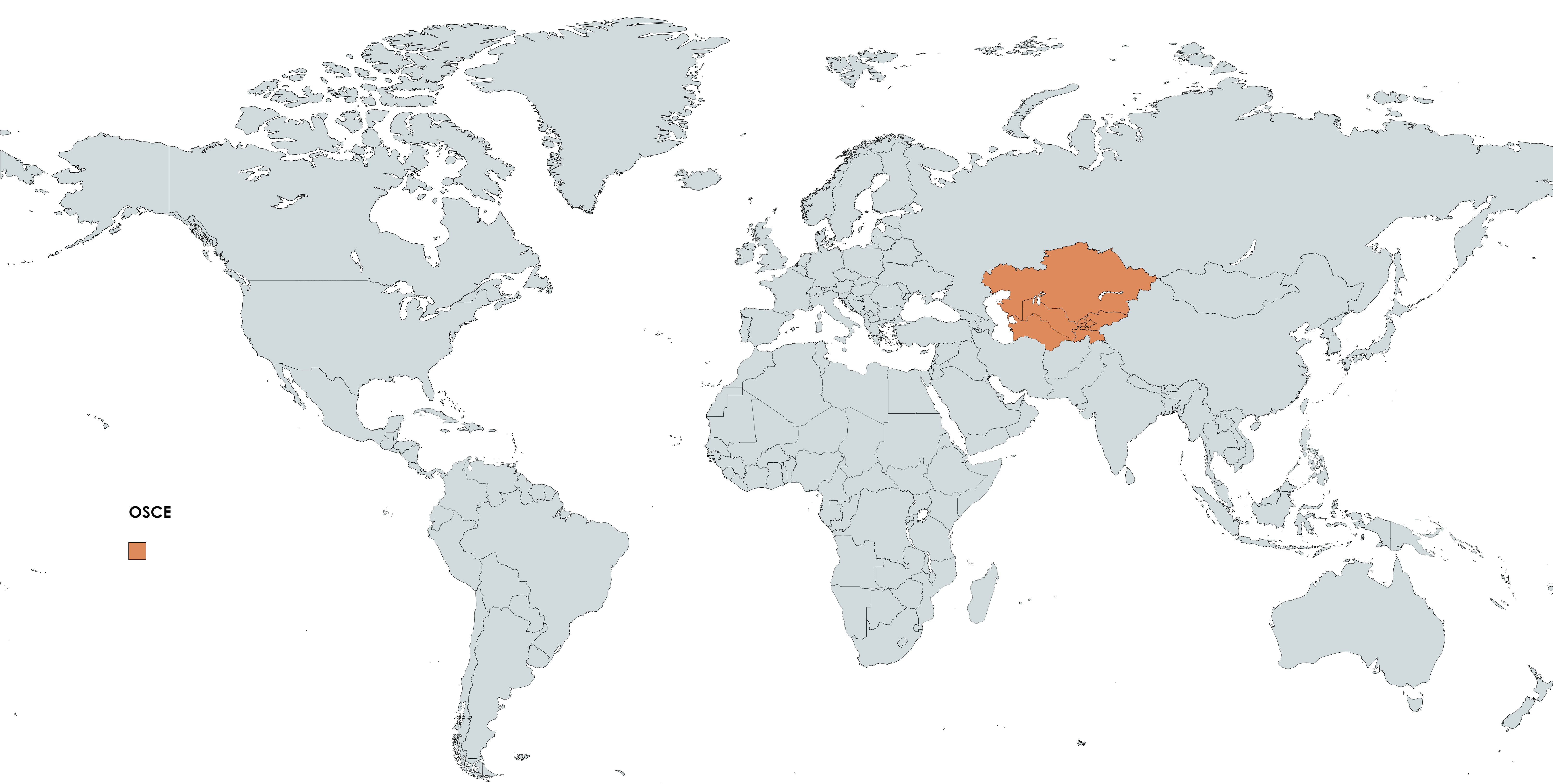 Map of the world with OSCE participant countries highlighted in orange