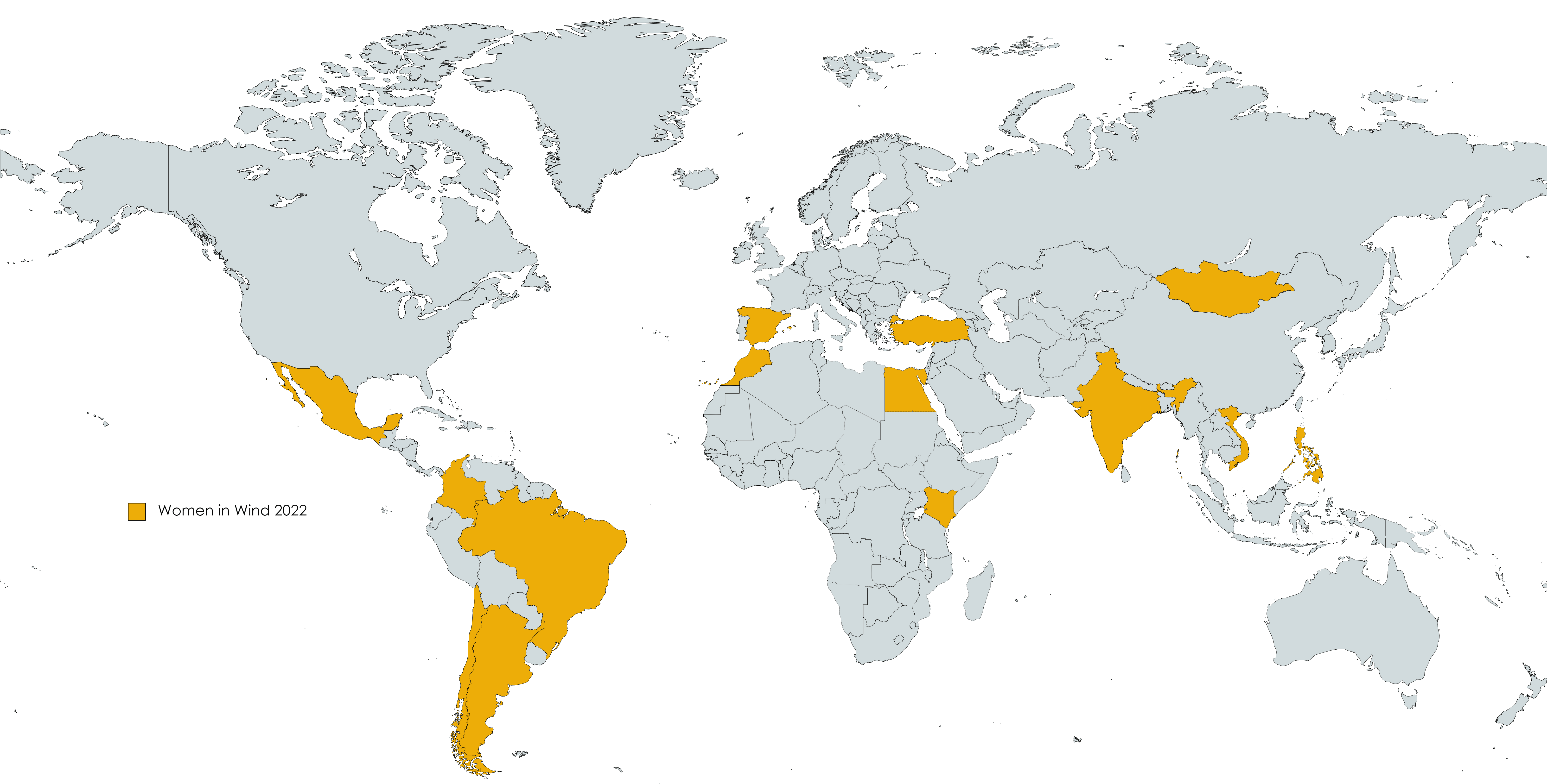 Map of the world, with mentee countries highlighted