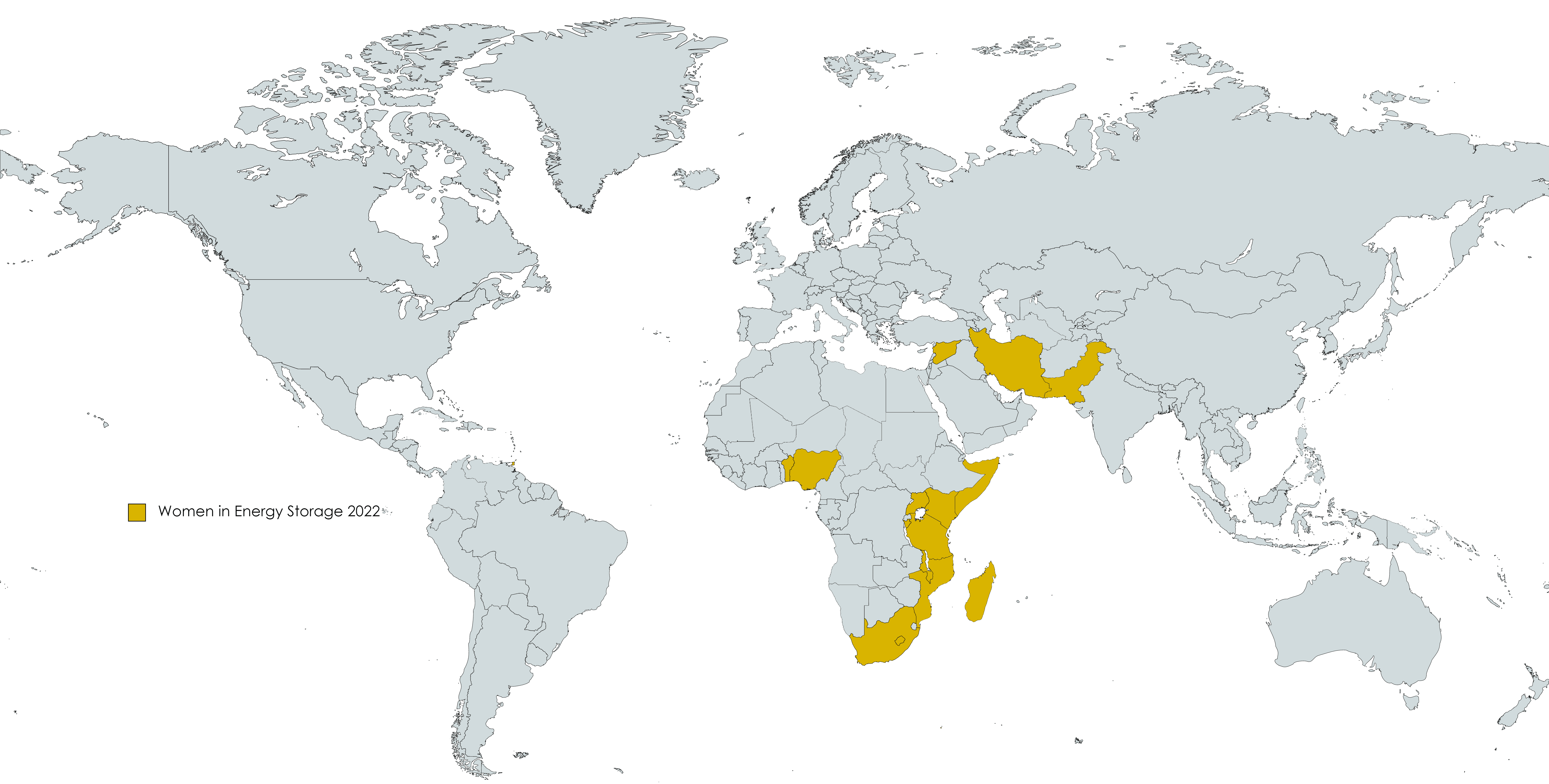 Map of the world with women in energy storage mentee countries highlighted in yellow