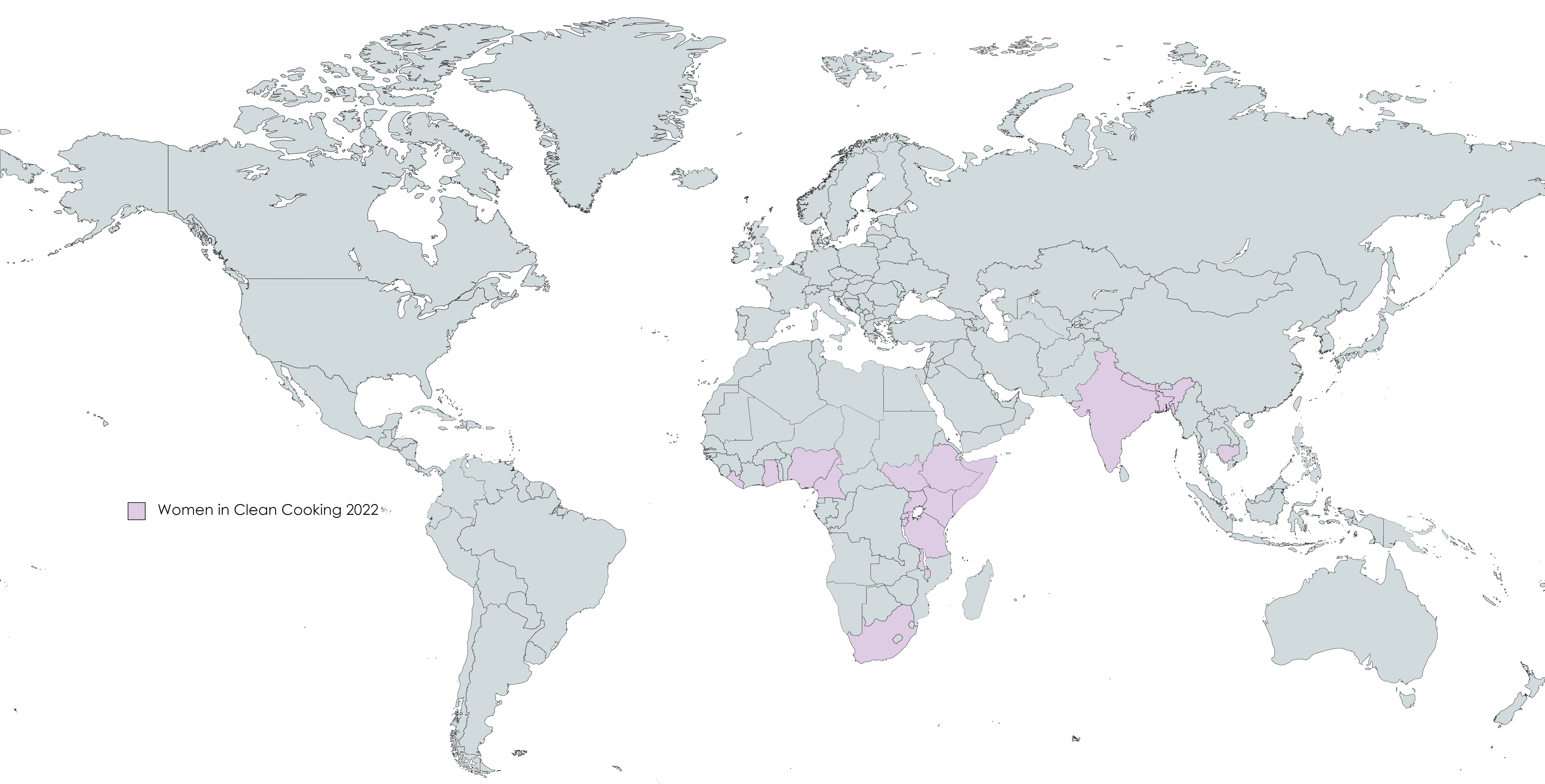 Map of the world with women in clean cooking mentee countries highlighted in purple