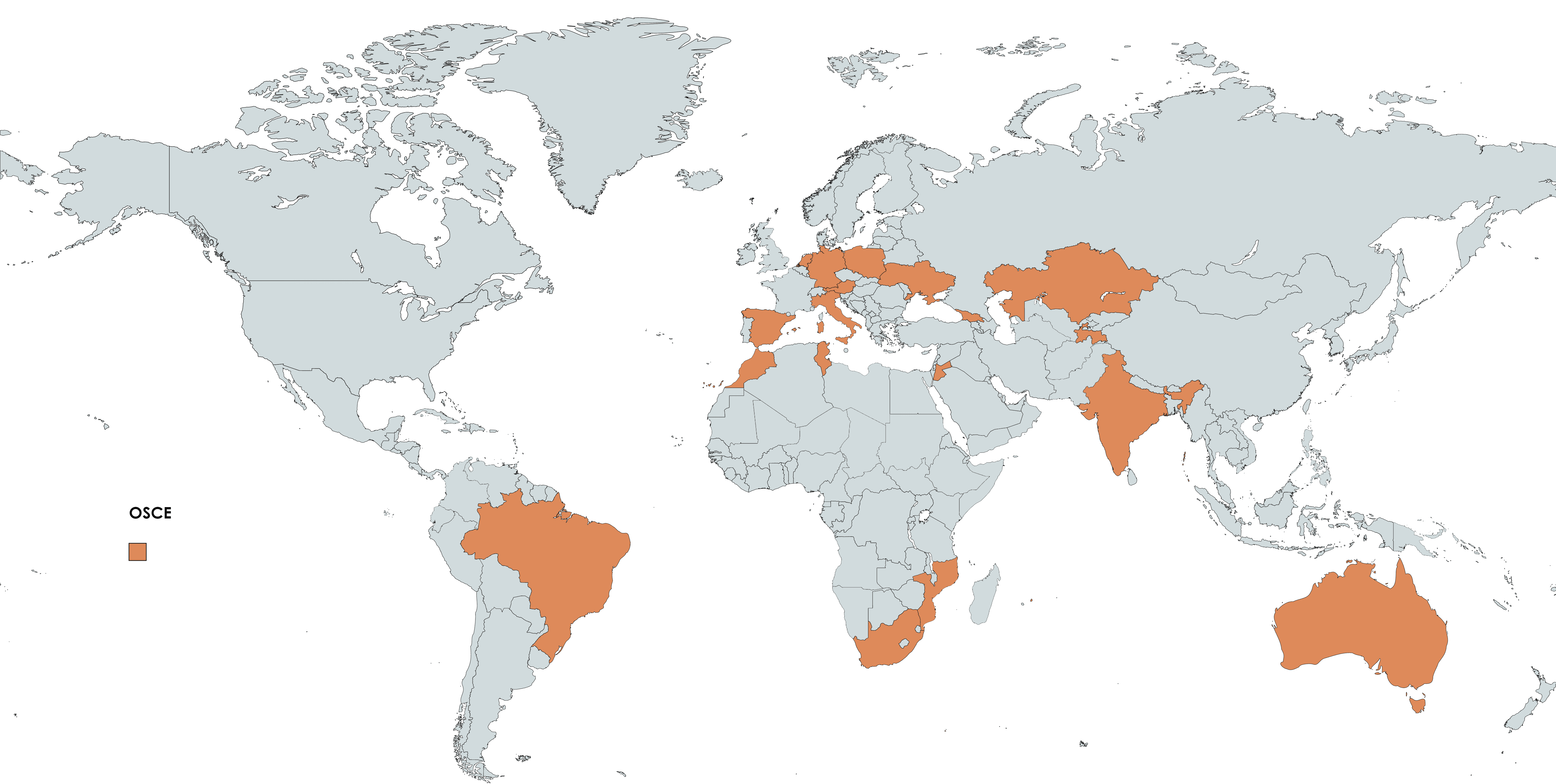 Map of the world with OSCE mentor countries highlighted in orange