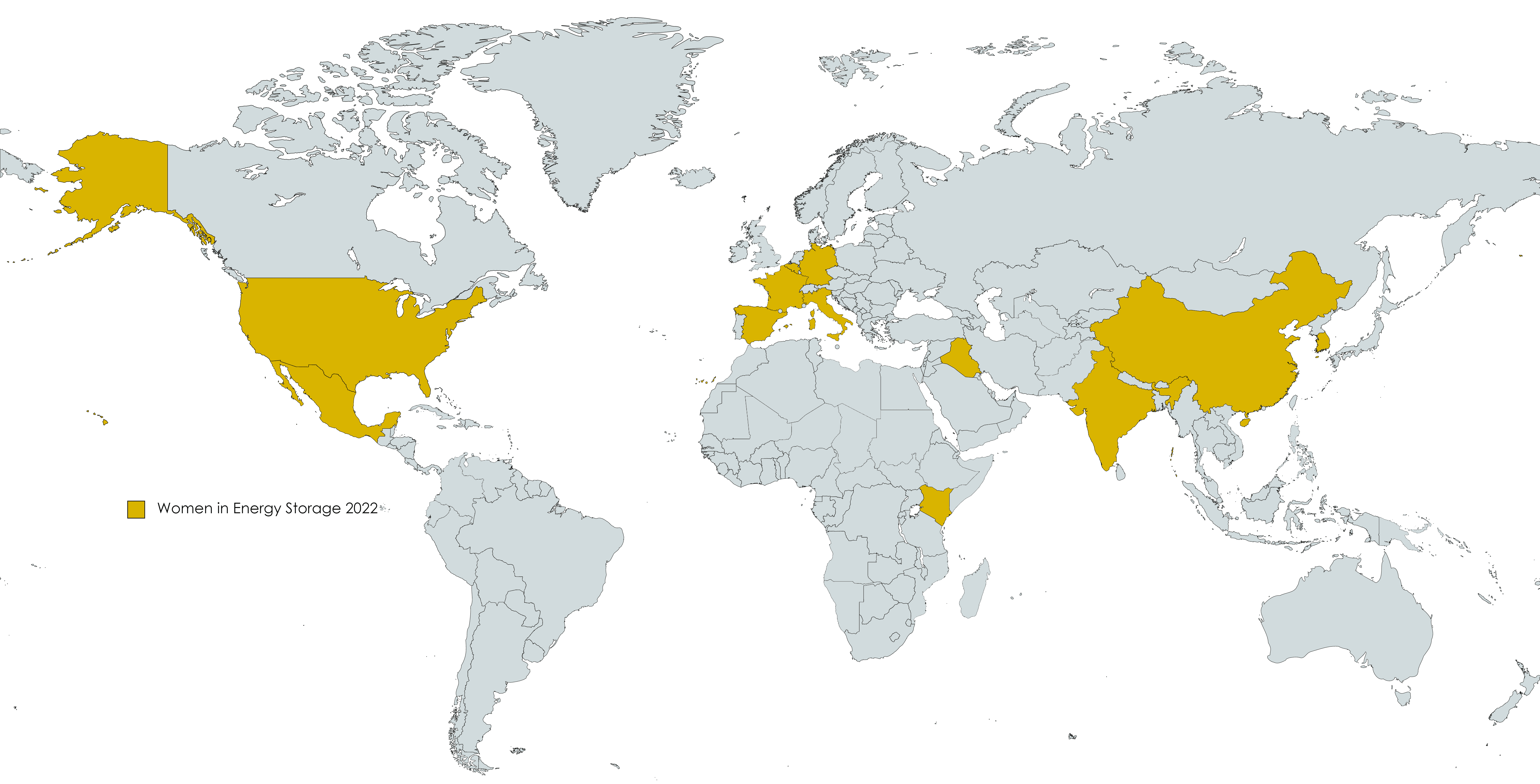 Map of the world with women in energy storage mentor countries highlighted in yellow
