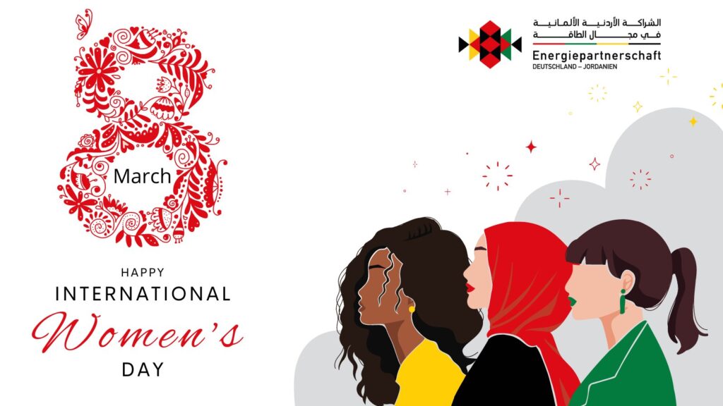 Graphic of three women looking at the 8th of March sign, and including the Jordanian energy partnership logo in the corner