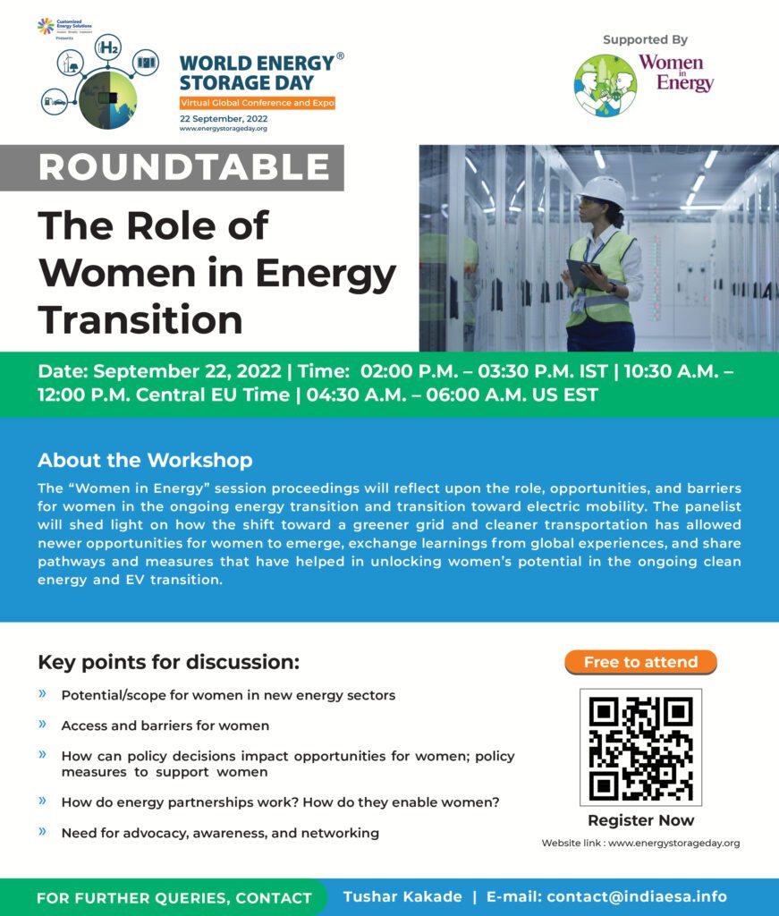 Event poster with description, QR code with registration link, organiser logos, and image of woman standing next to battery storage units