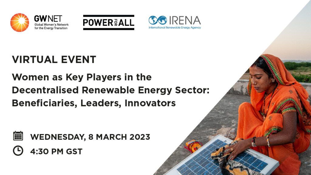 Event poster with event details, organiser logos, and image of woman sitting next to solar panel