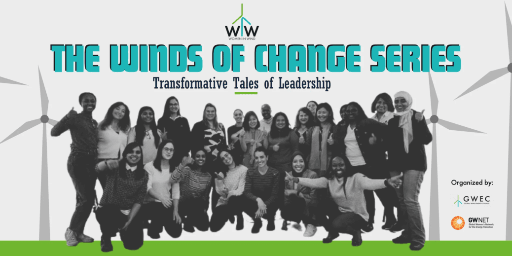 Group of women with wind turbines on each side and title of leadership series overlayed on the top
