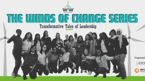 Group of women with wind turbines on each side and title of leadership series overlayed on the top